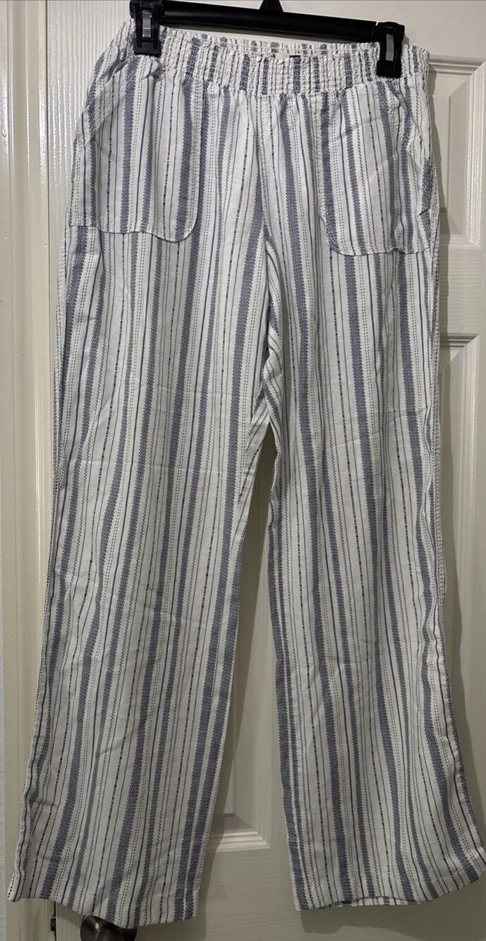 Linen Blend Wide Leg Pull On Pants Elastic Waist Size Large Blue White Coastal